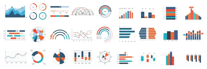 Infographics charts. Business diagrams, graphs and flowchart for workflow progress process. Finance annual report vector elements. Illustration flowchart and diagram, graph business workflow