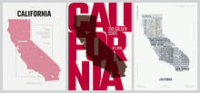 31 Of 50 Sets, US State Posters With Name And Information In 3 Design Styles, Detailed Vector Art Print California Map