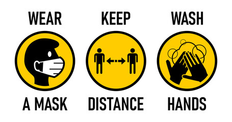 Wall Mural - Wear a Mask, Keep Distance, Wash Hands Round Coronavirus Covid-19 Warning Icon Set. Vector Image.