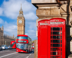 Wall Mural - London symbols with BIG BEN, DOUBLE DECKER BUSES and Red Phone Booths in England, UK