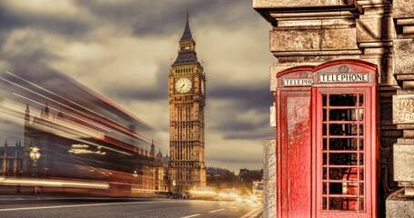 Wall Mural - London symbols with BIG BEN, DOUBLE DECKER BUSES and Red Phone Booths in England, UK