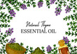 © Kseniia - Horizontal hand drawn thyme frame with the bowl with dried herbs and essential oil bottle isolated on white background. Vector illustration in colored sketch style.