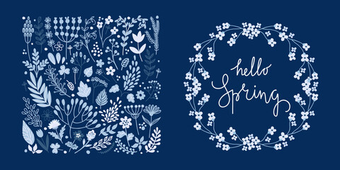 Wall Mural - Romantic floral collection with flowers, leaves, herbs and round floral frame with hello spring lettering. Vector plant blue pattern.