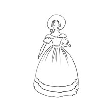 Antique Dressed Lady. Old Fashion Vector Illustration. Victorian Woman In Historical Dress. Vintage Stylized Drawing, Retro Woodcut Style