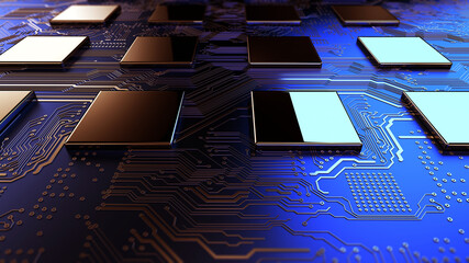 Fototapete - Printed circuit board futuristic server/Circuit board futuristic server code processing. Orange,  green, blue technology background with bokeh. 3d rendering