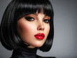 © Valua Vitaly - Beautiful brunette girl with red lips and black bob hairstyle. Pretty young woman with black hair. Closeup portrait of a model with bright makeup on a face. Fashion portrait of a pretty lady.