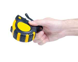 Poster - Construction tape tool in hand on white background isolation