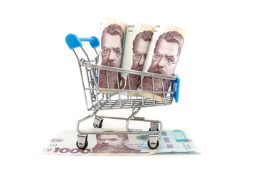 1000 hryvnia in a shopping cart on a white