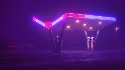 Neon retro gas station at night. Fog, rain, reflections on asphalt. 3D illustration.