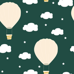 Seamless pattern with white clouds and pink balloons on a green sky background. For printing on fabrics, textiles, paper, bedding. Vector graphics.