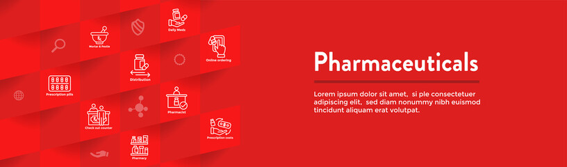 Wall Mural - Pharmaceuticals and medications icon set w web header banner