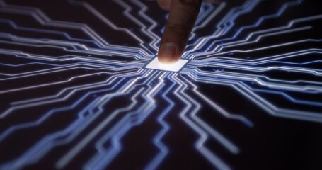 Human Finger Turns On Super Computer With Fingerprint Technology. Super AI Computers Integrating With Human Life.