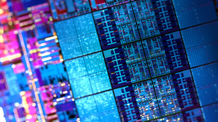 Canvas Print - computer cpu chip on silicon wafer. close up shot of electronic system with data processing. chip, a