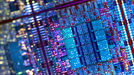 Wall Mural - computer cpu chip on silicon wafer. close up shot of electronic system with data processing. chip, a