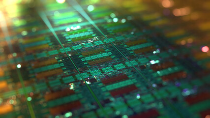Wall Mural - computer cpu chip on silicon wafer. close up shot of electronic system with data processing. chip, a