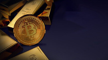 Bitcoin and gold background - One coin together with gold bars and copy space for text. 3d render illustration.