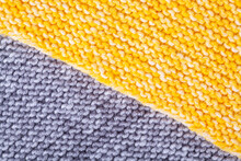 Knitted Patterns Of Gray And Yellow Yarn, Knitted Plaid. Needlework, Handicrafts, Hobbies, Creativity, DIY