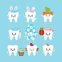 Wall Mural - Easter cute teeth dental icon set isolated. Dentist white tooth character with bunny ears, easter basket, candle, in egg, hen, chicken costume. Flat cartoon vector kids dentistry clip art illustration