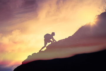 Wall Mural - Fit and mentally strong man climbing up mountain. Strength, and motivation concept. 