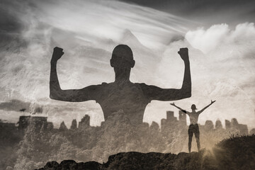 Wall Mural - People physical power and mental strength concept. Strong motivated young woman flexing her arms facing city. 