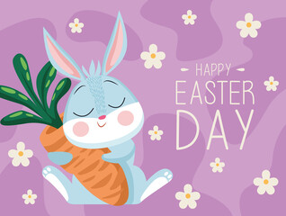 Canvas Print - happy easter lettering card with cute rabbit hugging carrot