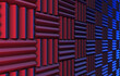 Wall of acoustic foam panels illuminated by red and blue lights. 3d illustration