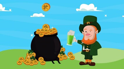 Wall Mural - happy saint patricks day leprechaun drinking beer with treasure cauldron