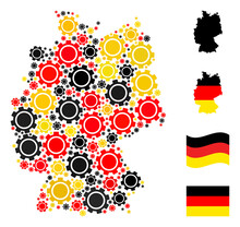 German Geographic Map Mosaic In German Flag Official Colors - Red, Yellow, Black. Vector Gear Elements Are Combined Into Stylized German Map Mosaic. Patriotic Collage Organized Of Flat Gear Elements.