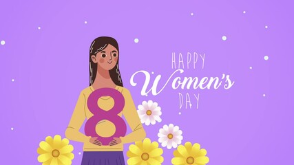 Sticker - happy womens day lettering card with girl lifting number eight