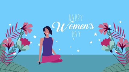 Poster - happy womens day lettering card with girl seated in garden