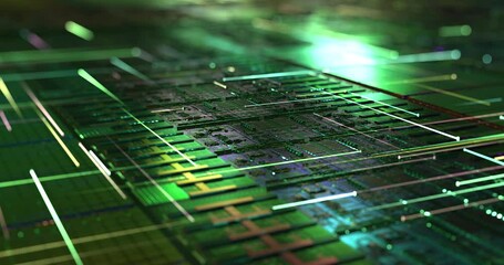 Wall Mural - die shot, silicon wafer technology background. abstract application code moving in a cyberspace. dat