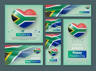 Wall Mural - South Africa Happy Freedom Day Banners set. Holiday event celebrated on 27 april poster, flyer, card, background with waving national flags and glossy hearts realistic vector illustration