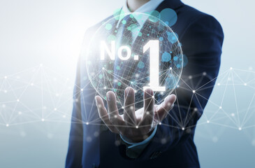 Poster - Achieving first ranking on internet. Businessperson holding word of number one.