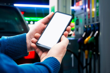 Mock up smartphone in hand closeup on the background of a gas station. Payment refueling online.