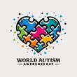 Doodle hand drawn world autism awareness day illustration with puzzle pieces in love, heart shape