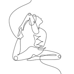 Wall Mural - continuous line drawing of women yoga, king pigeon pose concept. Woman doing yoga with hand holding her leg in black white color.