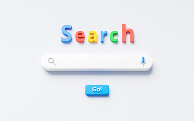 Blank minimal search bar box on website interface background with searching or finding button. 3D rendering.