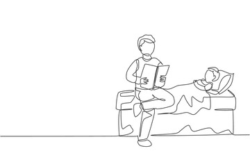 Wall Mural - One single line drawing of young father sitting on bedroom and reading story book to his son before sleeping vector illustration. Happy family parenting concept. Modern continuous line draw design