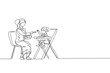 Single continuous line drawing young mom feeding her daughter a meal who sit at baby dining chair, happy parenting. Family loving care concept. Trendy one line draw design graphic vector illustration