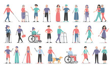 Disabled People Set. Collection Of Characters With Disability. Deaf, Blind And Handicapped Women And Men. Adults With Prosthetic Arms And Legs. Guy In A Wheelchair, Injured Girl With Crutches.
