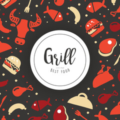 Sticker - Grill Best Food Business Card Template, Hot Barbecue House, Restauran, Bistro Poster, Invitation, Flyer, Promo Design Cartoon Vector Illustration