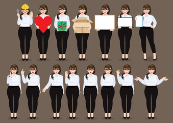 Wall Mural - Plus size businesswoman cartoon character set. Beautiful business woman in office style white shirt. Vector illustration