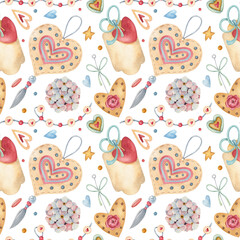 Watercolor seamless pattern with heart, banner, flower and emblem on the light background. Bright illustration. Ideal for textile, wrapping, and other designs.