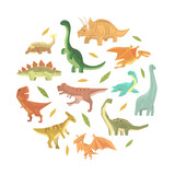 Fototapeta Dinusie - Cute Colorful Dinosaurs in Circular Shape, Cute Prehistoric Animals Banner, Card, Background Desin Cartoon Vector Illustration.
