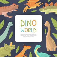 Poster - Animals Dino World Banner Template with Space for Text, poster, Card, Background with Cute Prehistoric Animals Cartoon Vector Illustration