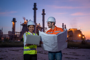 Aufkleber - Refinery industry engineer are working and discussing at front oil and gas industrial factory,Oil refinery plant for industry.
