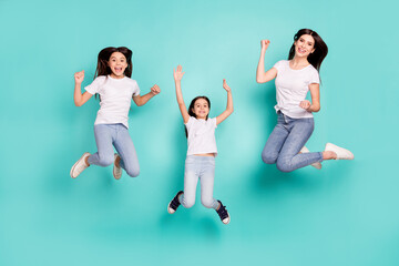 Sticker - Full length body size photo funky cool sisters jumping up won lottery keeping hands up isolated vibrant blue color background