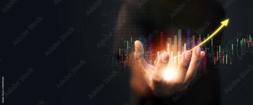 Businessman holding the glow light Data digital marketing graph in dark background. 3D illustration in Technology concepts. - obrazy, fototapety, plakaty 