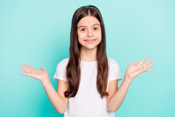 Wall Mural - Photo of funny pretty young girl dressed white outfit showing scales empty space isolated teal color background