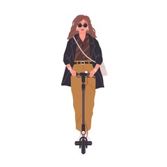 Wall Mural - Active young woman riding electric walk scooter. Modern female character in sunglasses driving eco urban transport. Colored flat vector illustration isolated on white background